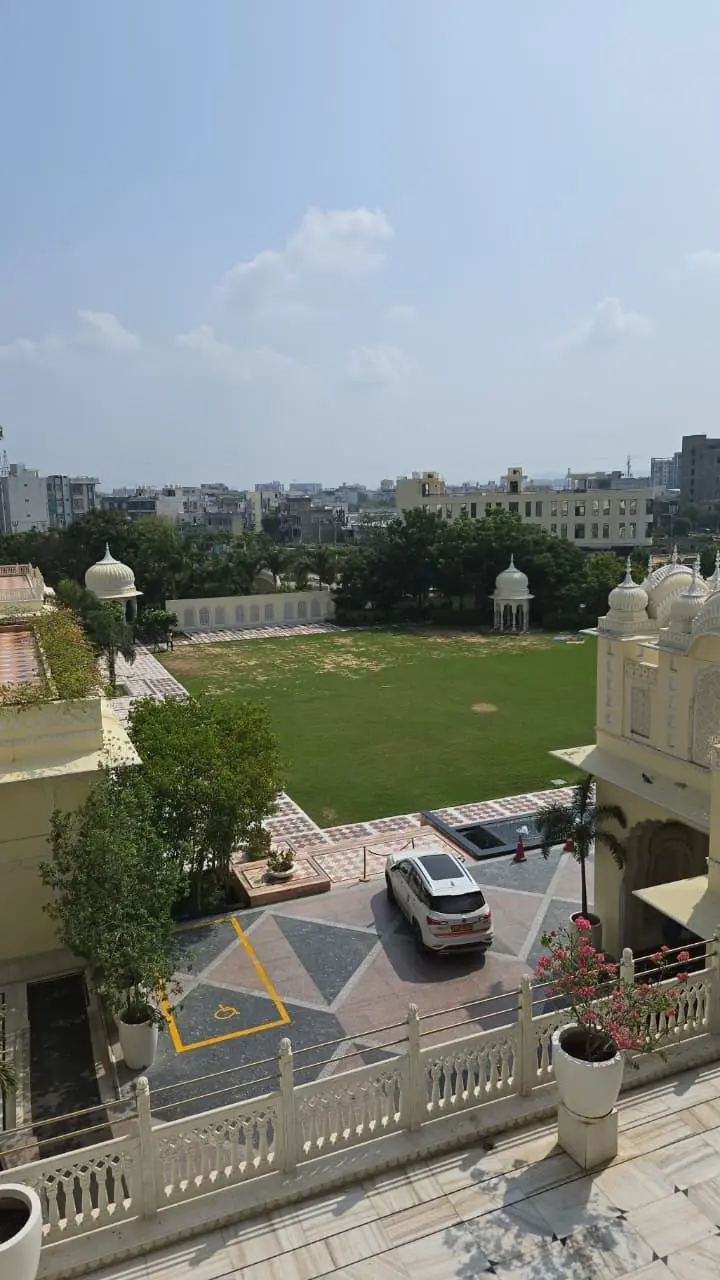 The garden lawn with chhatri pavilions