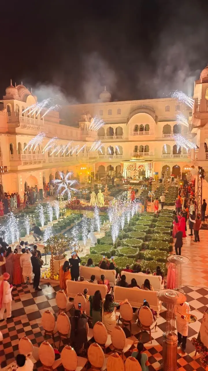 The courtyard lit for an evening celebration